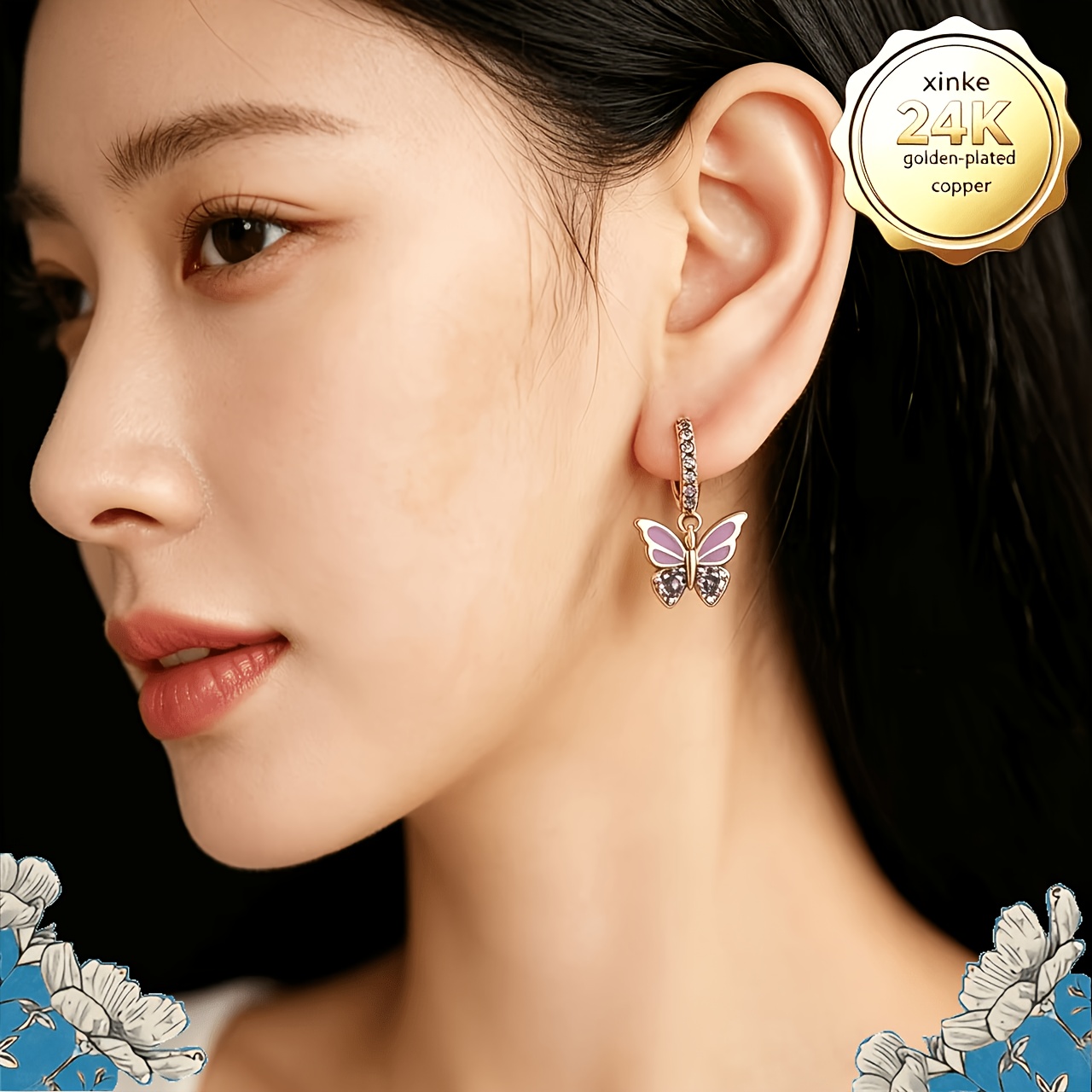 TEMU Manchettes d'oreille papillon violet plaquées or 24K avec incrustation de synthétique, parfait pour la Saint-Valentin