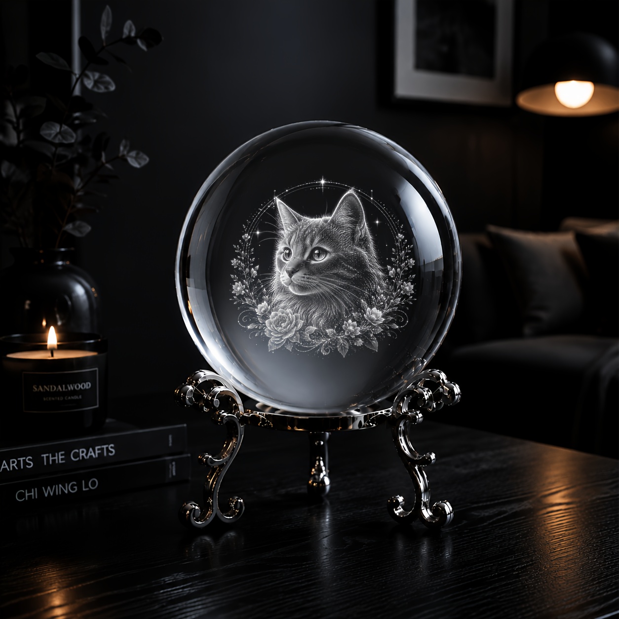 TEMU Elegant Cat Crystal Ball Ornament, With Vintage Silvery Base And 3d Carved Floral Cat Decorationâhigh Sphere, Suitable For Home, Office, Deskto