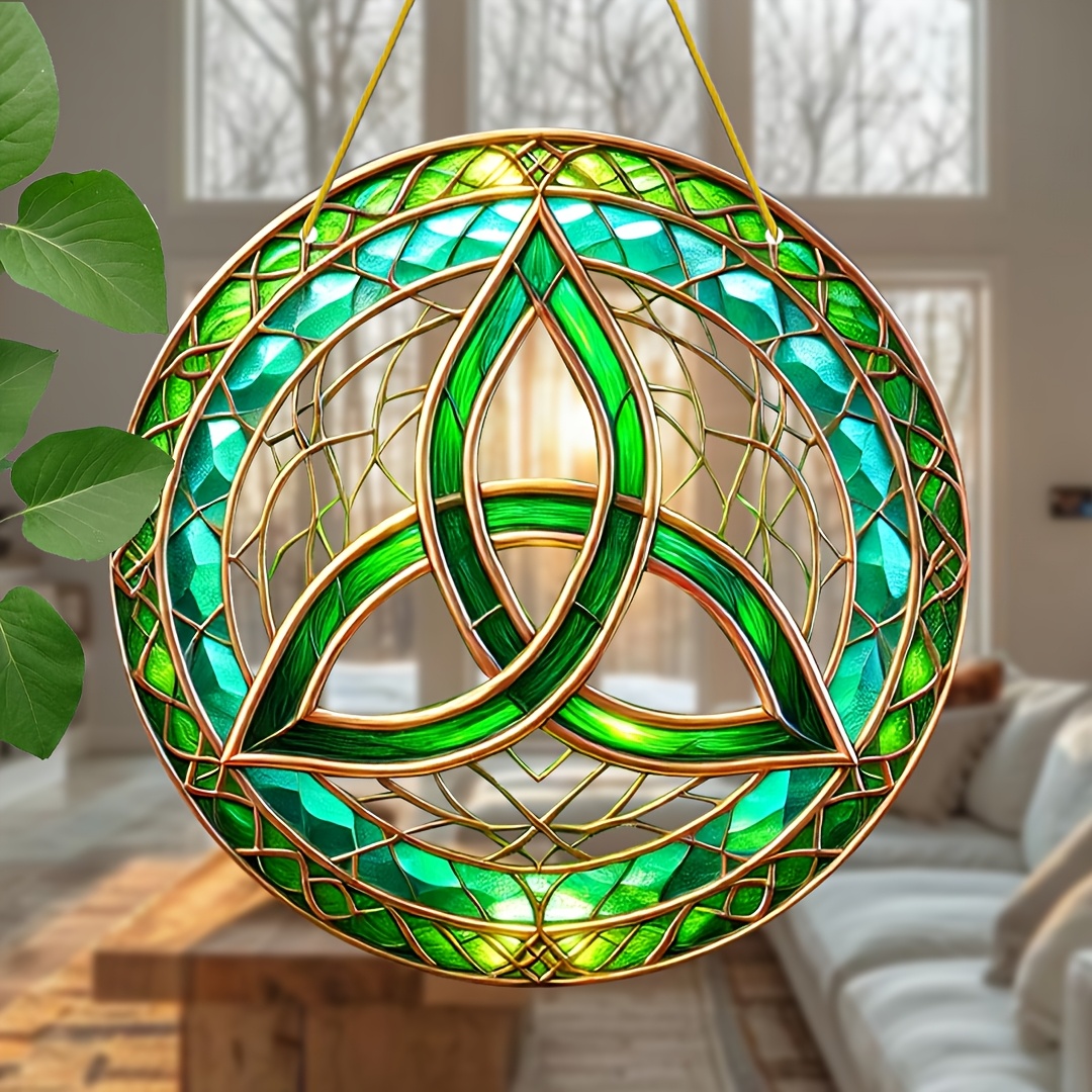 

2d Flat 1pc Celtic Knot Acrylic Suncatcher, 8"x8" - Green & Golden 's Day Window Hanging Decor | Ideal For Home, Office, Porch & Patio | Father's Day & Spring Decoration | For Women