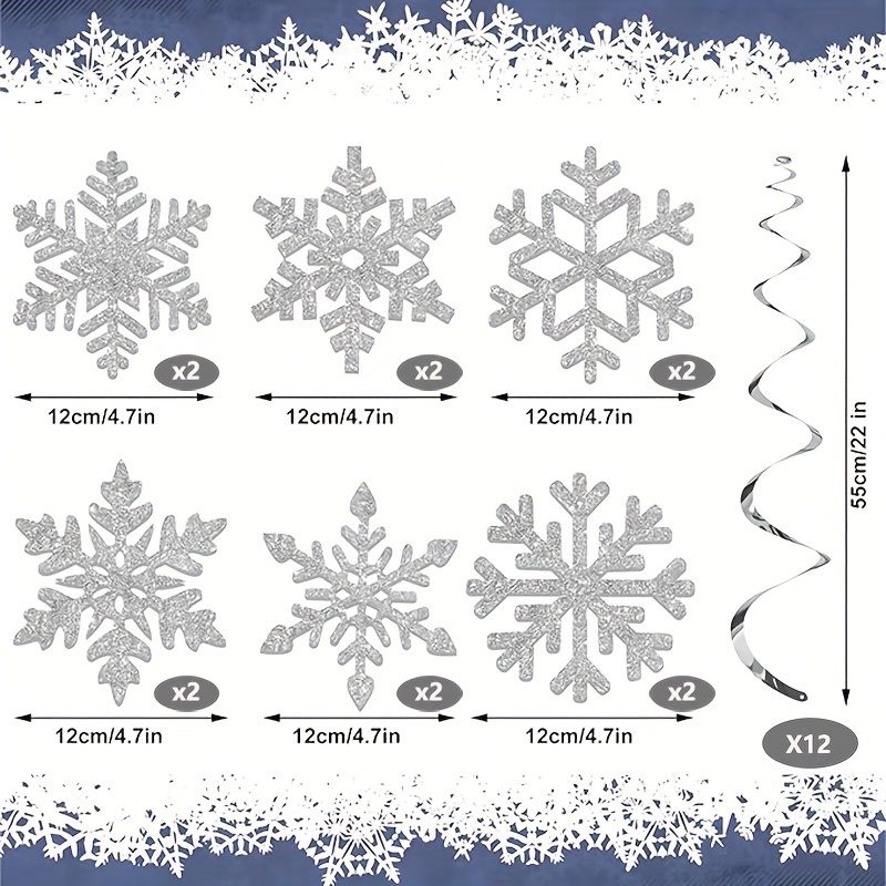 Image of 12pcs Of Silvery Snowflake Ornaments, Christmas Holiday Pendants, Hanging Decorations, Winter Themed Birthday Wedding Shower Party Supplies, Christmas New Year Holiday Hanging Decor
