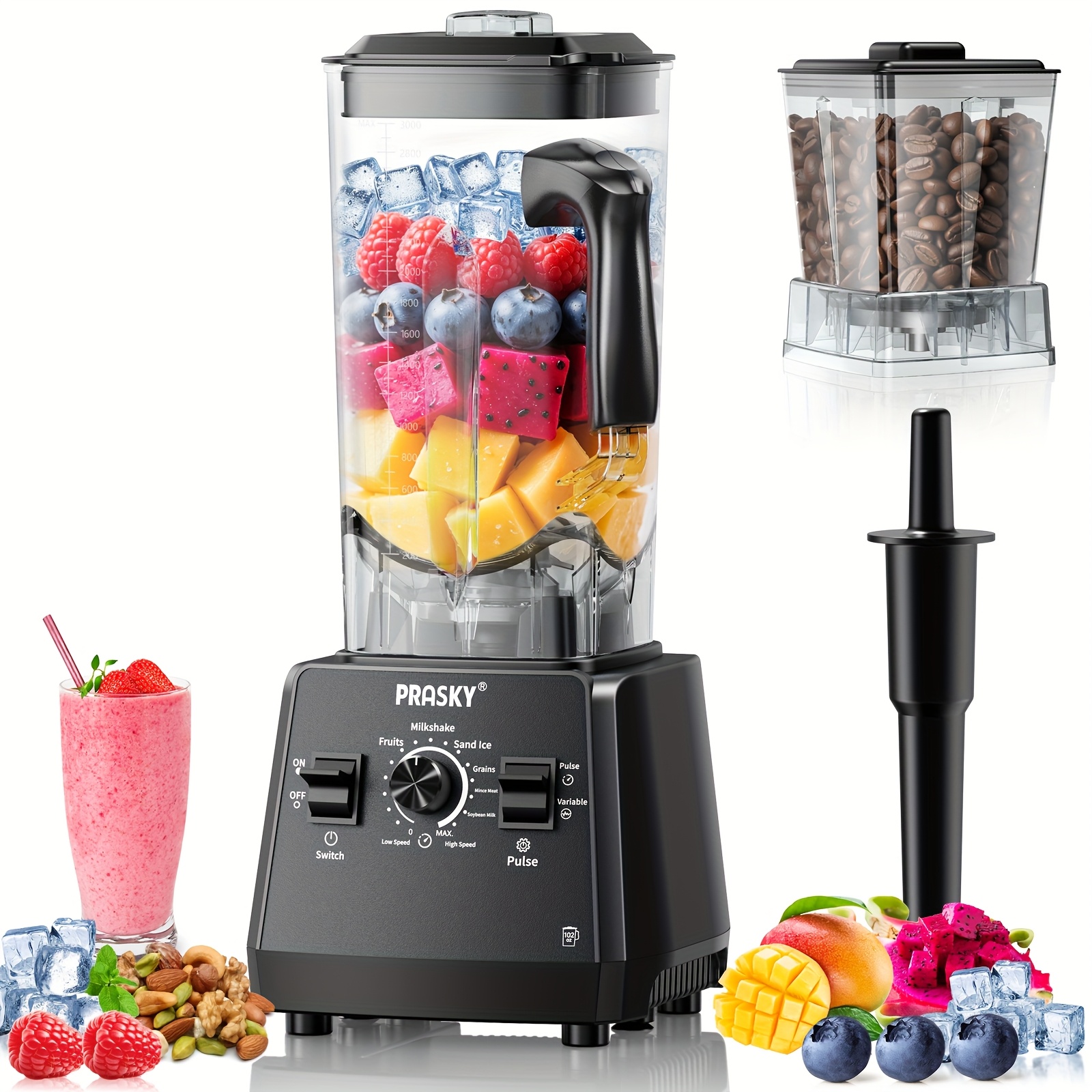 Temu – TEMU Professional Blender, Smoothies Blender, Prasky Max.2400w/1000w Blender And Grinder Combo 25000rpm Powerful Blenders Kitchen 102oz Containers