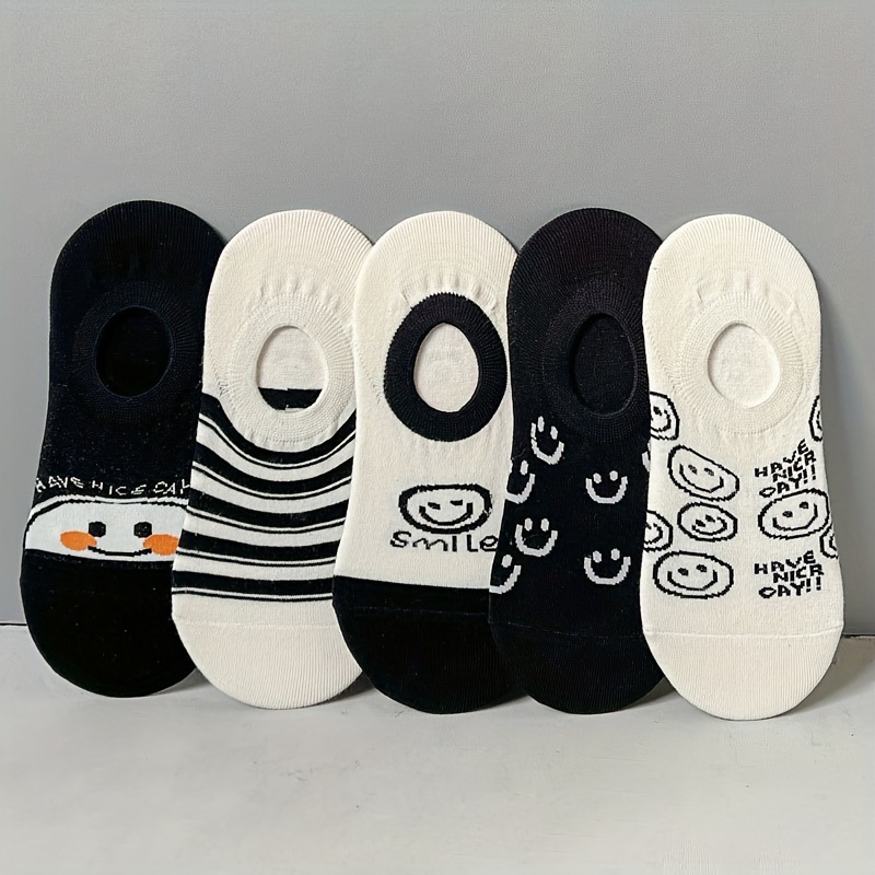 

5 Pairs Cartoon Face Socks, Cute & Breathable Unisex Low Cut Invisible Socks, Women's Stockings & Hosiery
