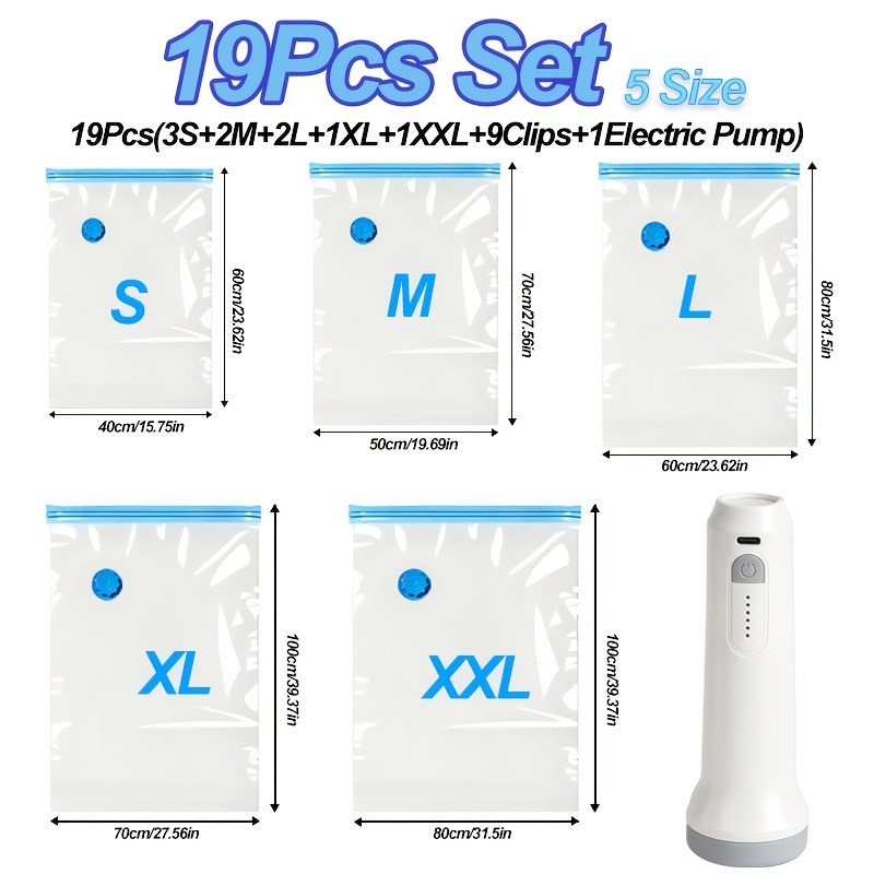 TEMU Set da 19 pezzi di sacchetti sottovuoto (9 sacchetti + 9 clip + 1 pompa ricaricabile) riduce il volume di vestiti/biancheria da letto '80% per