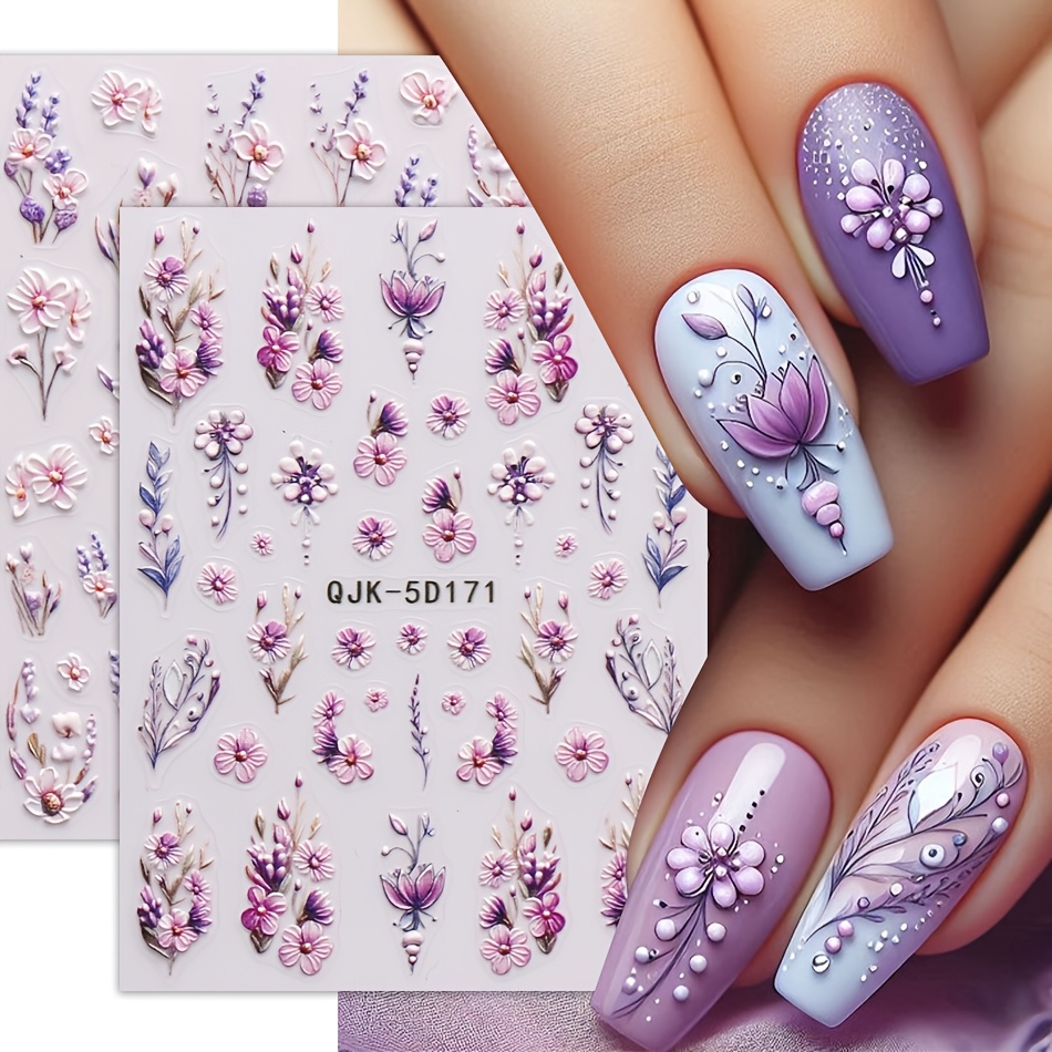 

2pcs Spring Blossom 5d Nail Art Stickers - Floral And Leaf Designs, Self-adhesive Embossed Flowers For Elegant Diy