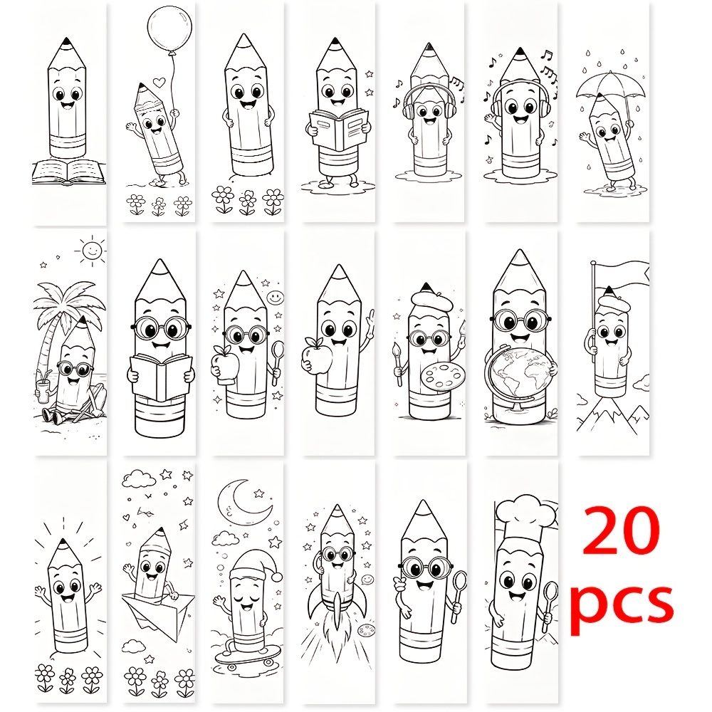 TEMU 20pcs Bookmark Set, Black And White Line Art Human Stationery, With Pencil, Cartoon Easy Line Art Pattern, 2d Flat Practical Bookmark, Daily For