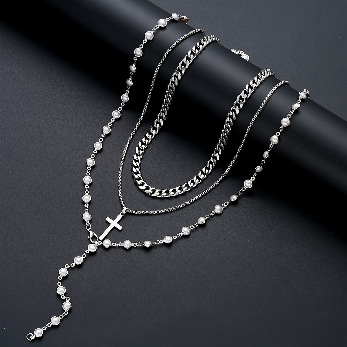 3 pièces collier y   pour homme avec croix en acier inoxydable et perles  , ensemble de chaînes superposées - cadeau idéal petit   (rencontre   vacances fête), accessoire élégant bijoux masculins design moderne     chaine multicouche   pour passionnés de joaillerie Détails du produit 2