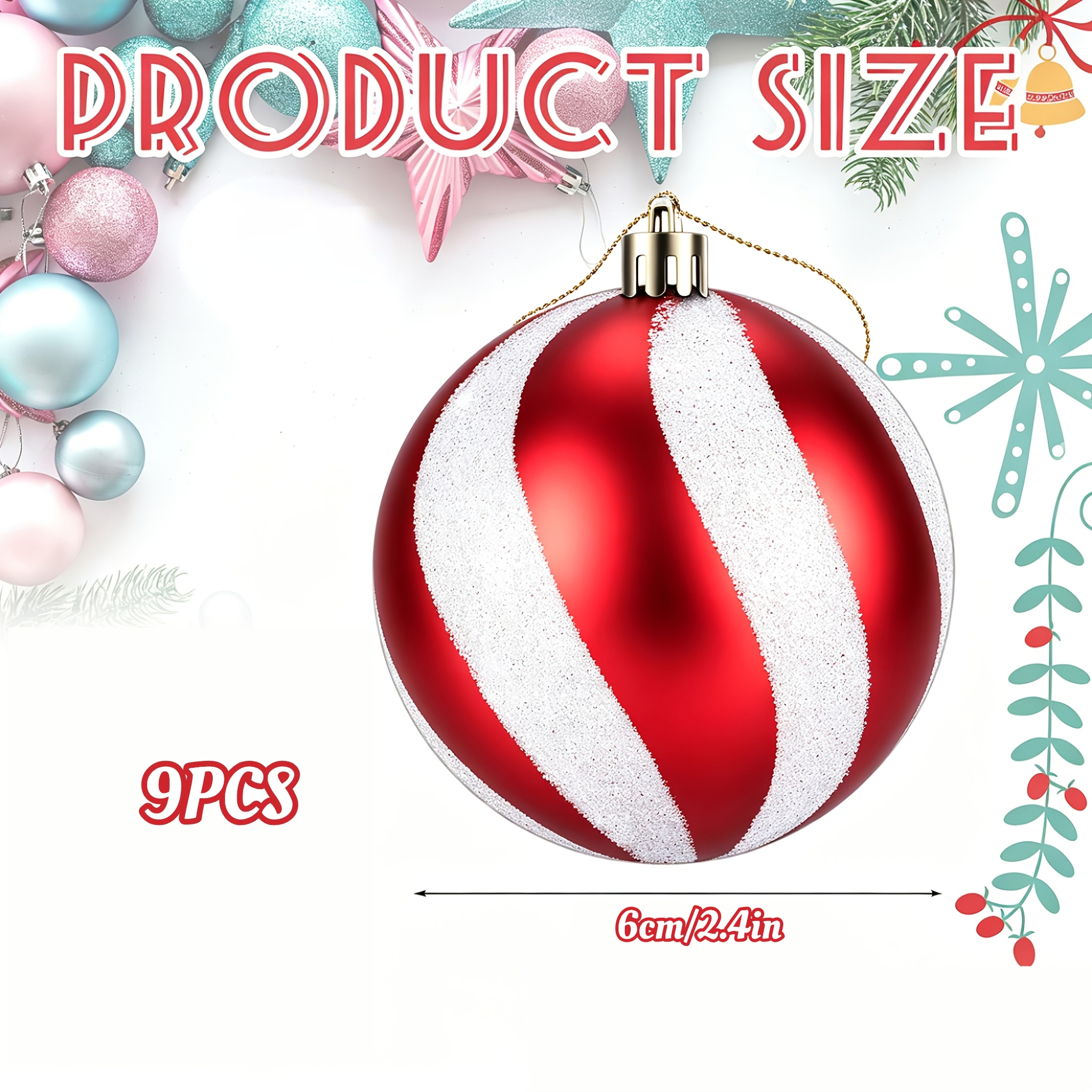 TEMU 9pcs Christmas Glitter Ornaments, Red And White Striped Design, Suitable For Christmas Tree Hanging Ornaments And Indoor Holiday Party