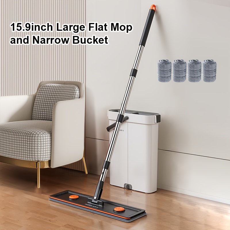   versatile flat mop and bucket set with wringer stainless   ideal for floors walls patios car cleaning   4 pads no electricity needed details 0