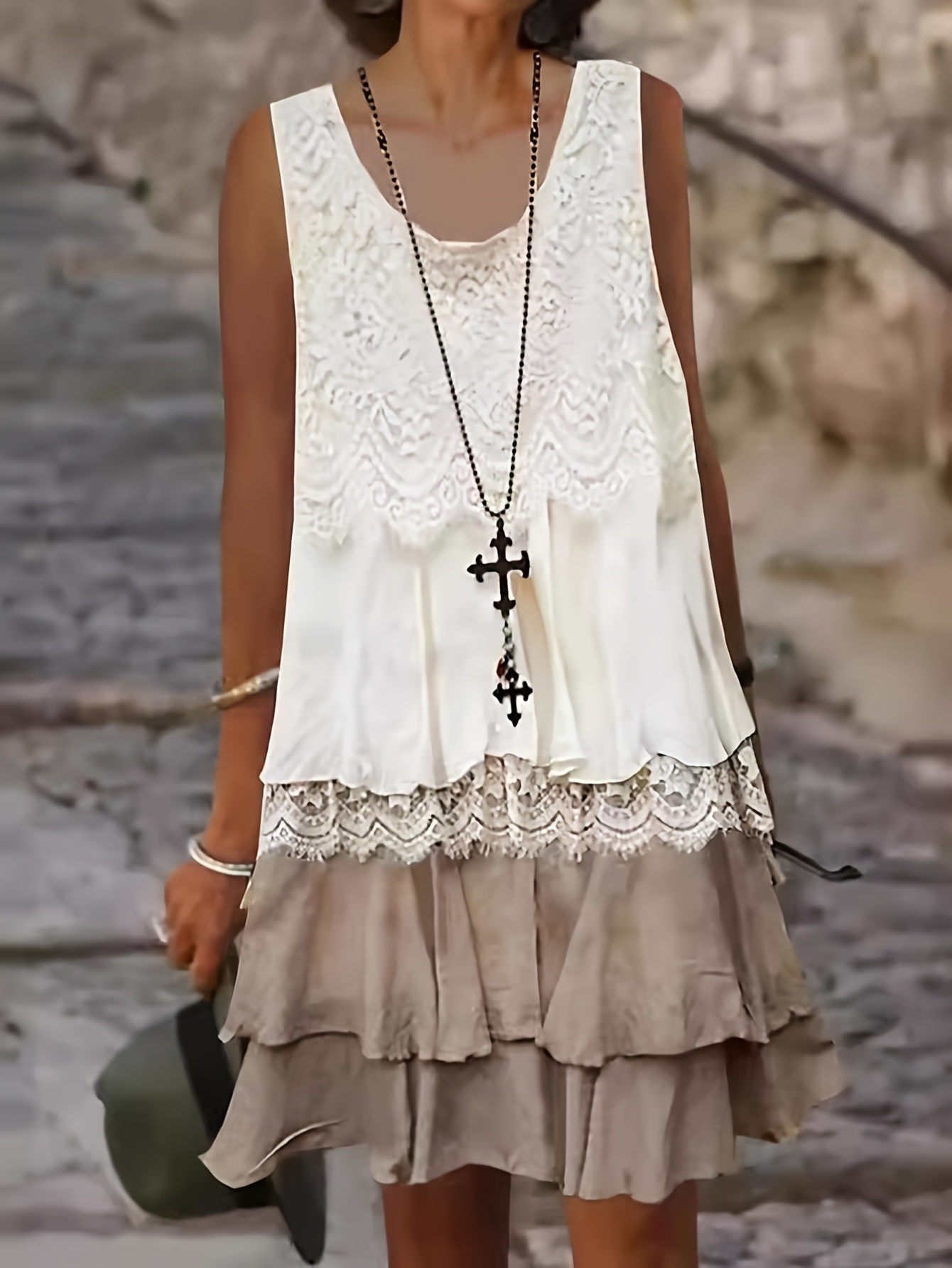plus size plus size womens bohemian lace   sleeveless dress round neck midi skirt with layered lace overlay lightweight summer casual dress for beach   picnics warm weather fashion boho chic delicate detailing fashion enthusiasts vacation outfit breathable fabric fashionforward women