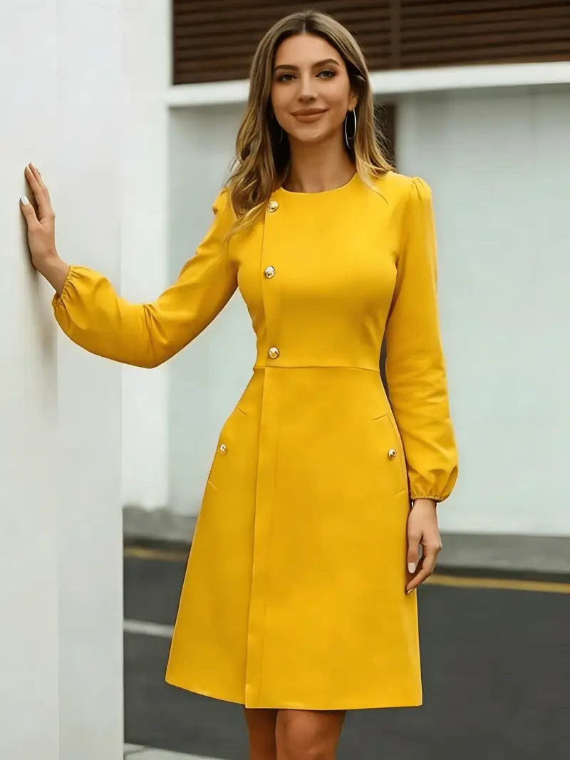 long sleeve dress business casual Berylove Women Tweed Pink Work Dress A-Line Long Sleeve Midi Business Casual Dress