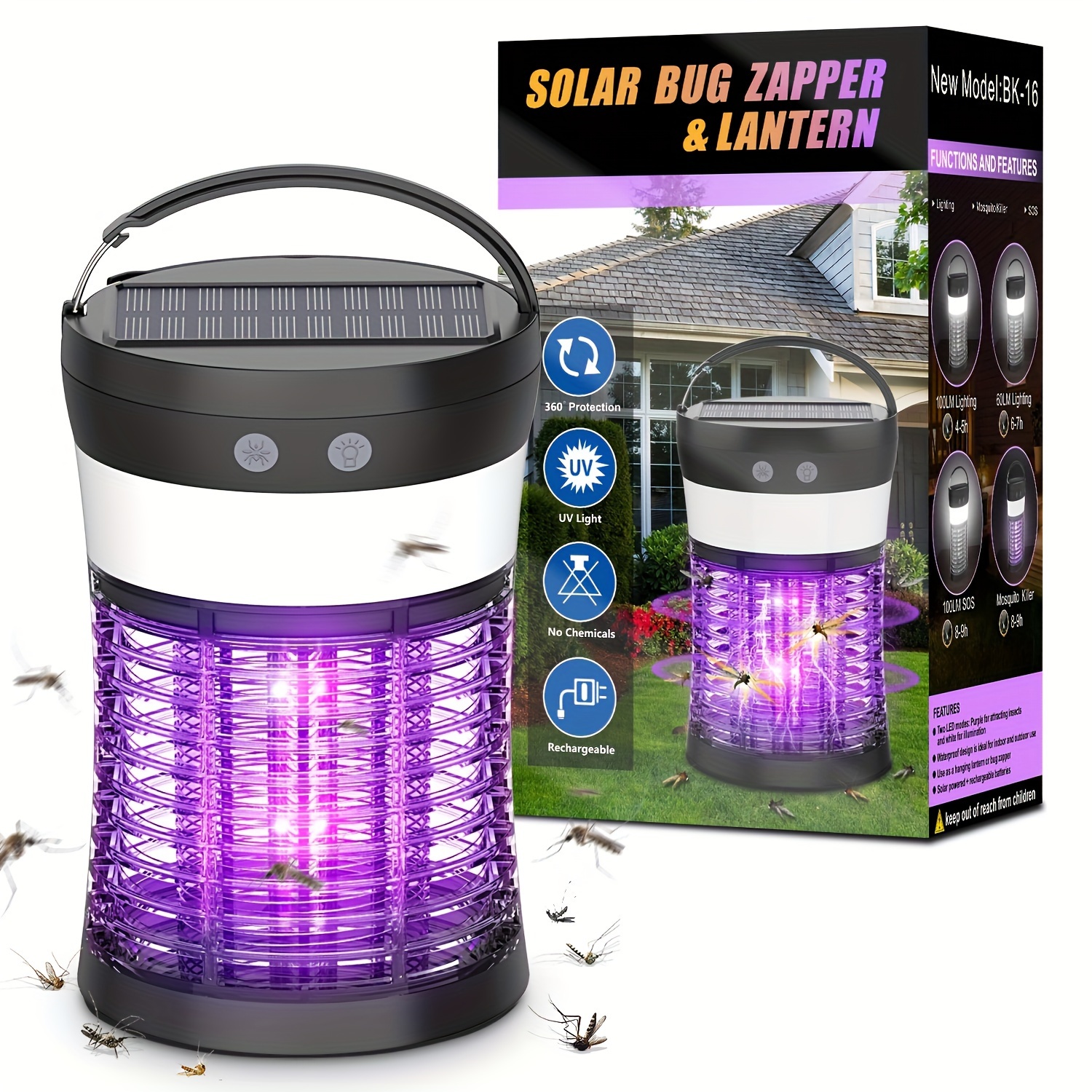 

Bug Zapper, Electric Solar Mosquito Killer For Indoor & Outdoor, 3000v High Powered Pest Control Uv Mosquito Zapper, Rechargeable Insect Fly Trap For Home, Kitchen, Patio, Backyard, Camping