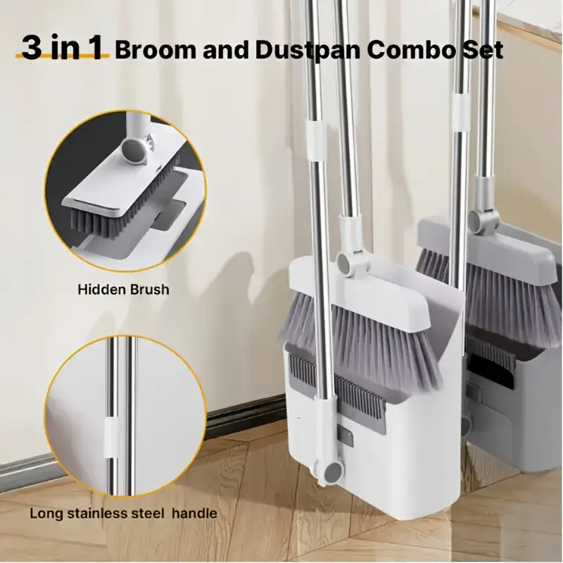 1pc 3 in 1 broom dustpan floor brush set heavy duty long handled for cleaning in bedrooms bathrooms kitchens living rooms and outdoors Product details 3