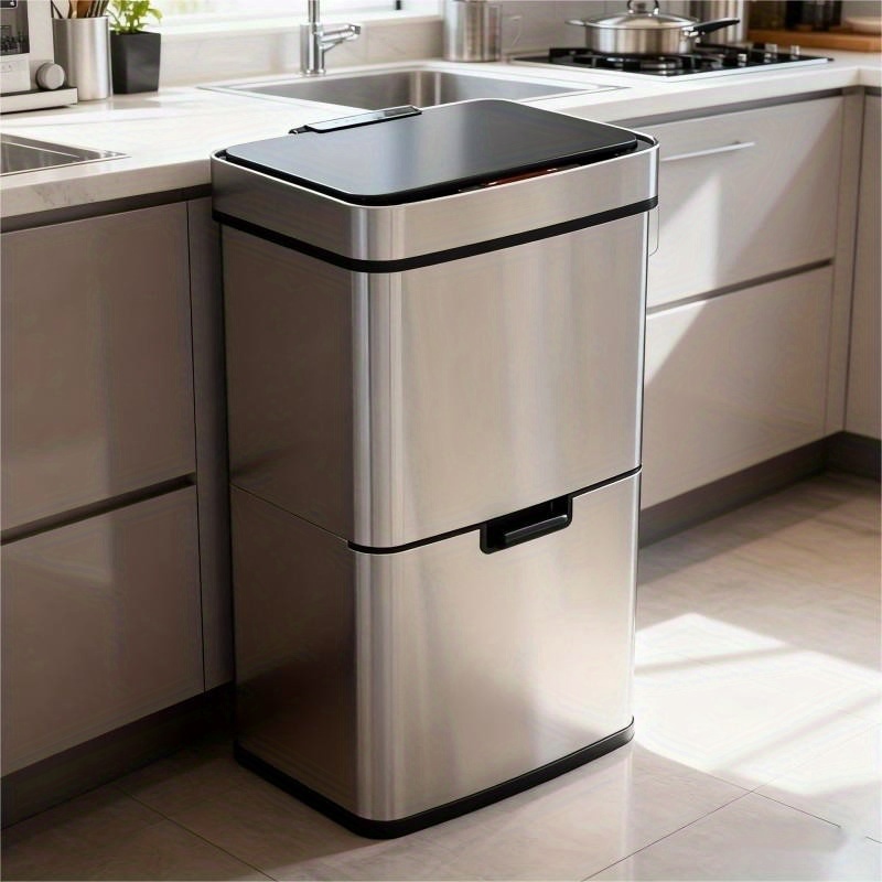 Image of 72l Stainless Steel Outdoor Trash Can With 3+1 Compartments, Waste Paper Collector, Office, Kitchen, 2x12 + 1x48l, Kitchen Trash Cans