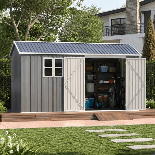 item picture temporary removable outdoor storage shed 12x10ft 111 39 sq ft large garden storage building with translucent windows 4 air vents waterproof uv resistant floor frame complete accessory kit for patio tools bikes lawn equipment