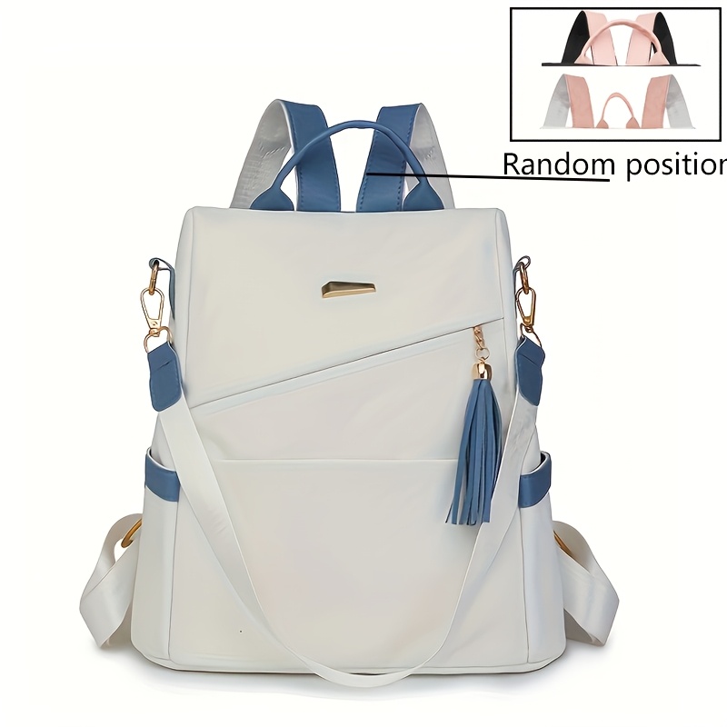 E-shop Weißer Damenmode-Rucksack, Damenrucksack mit großem Fassungsvermögen, Damenhandtasche mit farbblockierten Quasten, für den täglichen Einkauf und