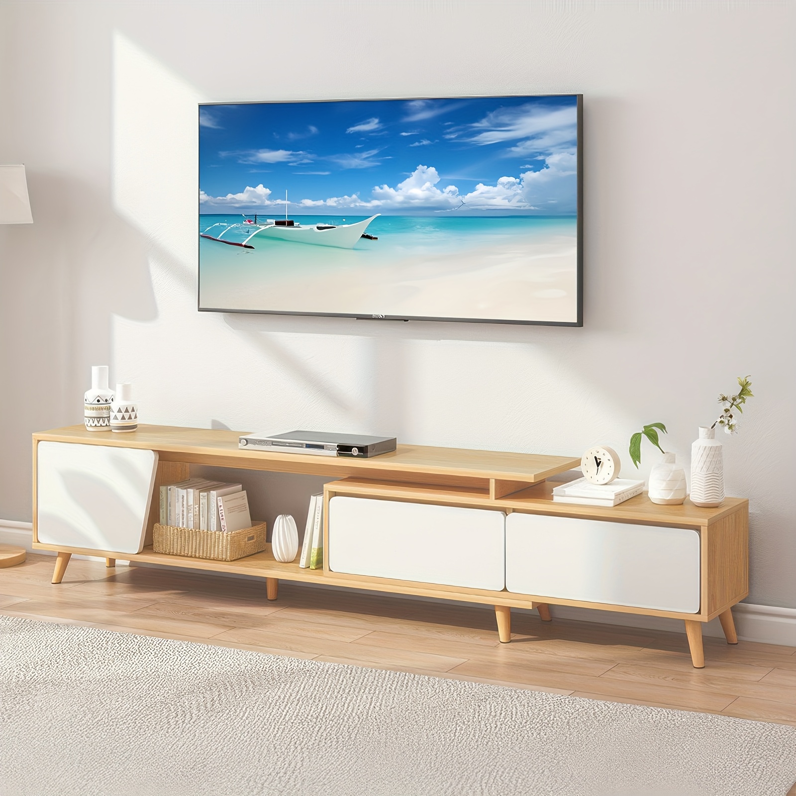 Image of Extendable Tv Cabinet 135-190cm, With 1 Door, 2 Drawers And Open Storage Compartments, Suitable For Elegant Low Cabinets Room Or Bedroom, White And