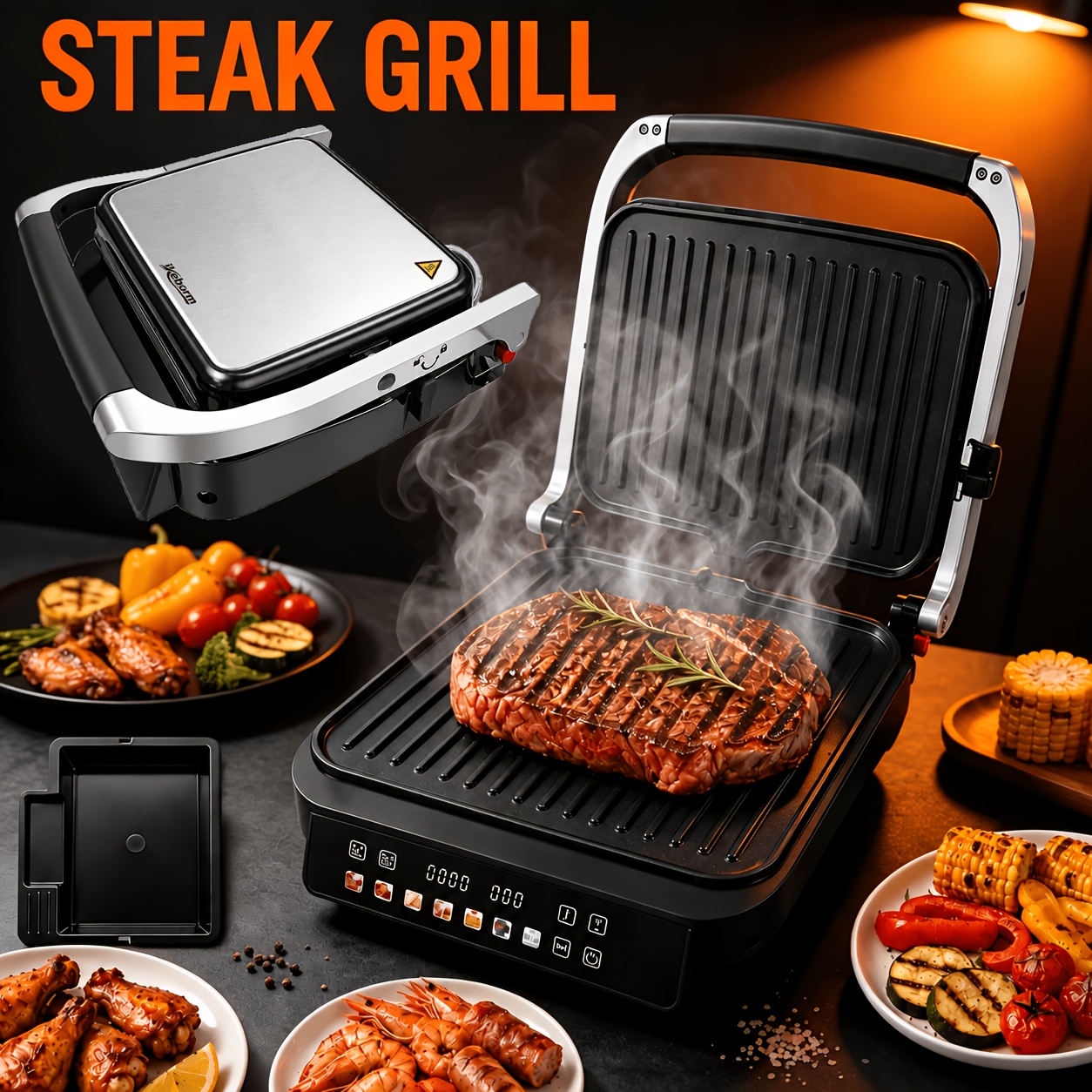 Image of Electric Steak Grill, 1900w Indoor Contact Grill With 30s Fast Heating, 180° Fully Open Plates, & Removable Drip Tray, Multi-use Countertop Grill For Steak, Panini, Sandwich, Shrimp & Bbq