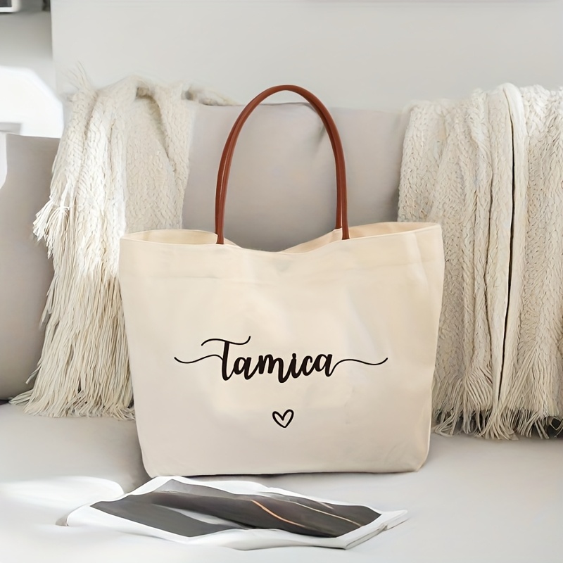 TEMU Customizable White Tote Bag &ndash; Elegant Cursive Personalized Name, With Magnetic Closure &ndash; Perfect For Bridal Parties, Weddings, Travel, Teacher's Day, Gifts &ndash; Washable, Cute Tote Bag