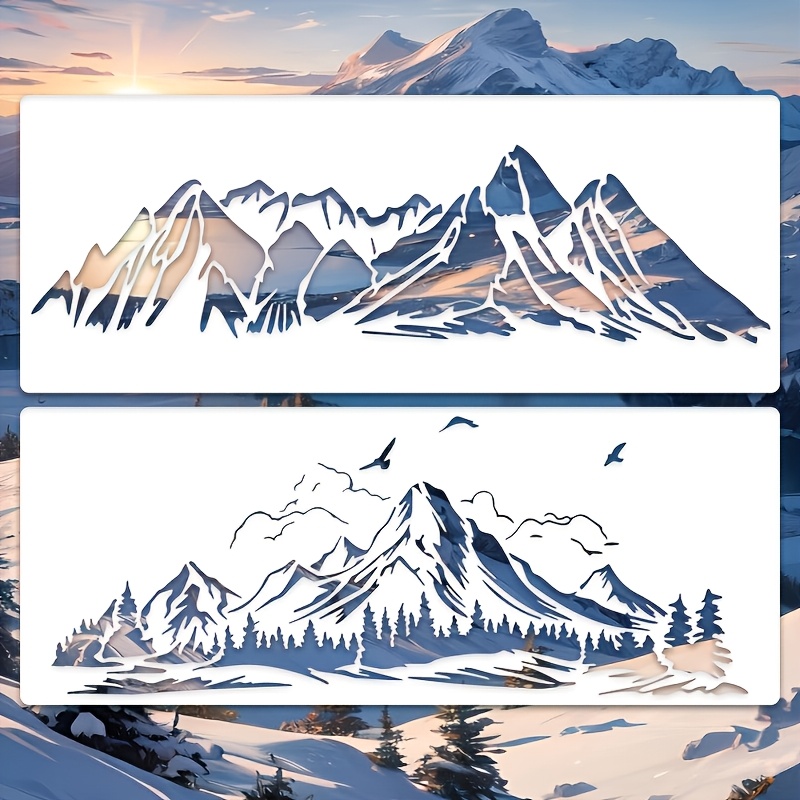 E-shop 2 große, wiederverwendbare Berg- und Wolken-Schablonen mit Vogel, Baum- und Wasser-Designs - PET-Kunststoff-Schablonen, geeignet zum Malen, für