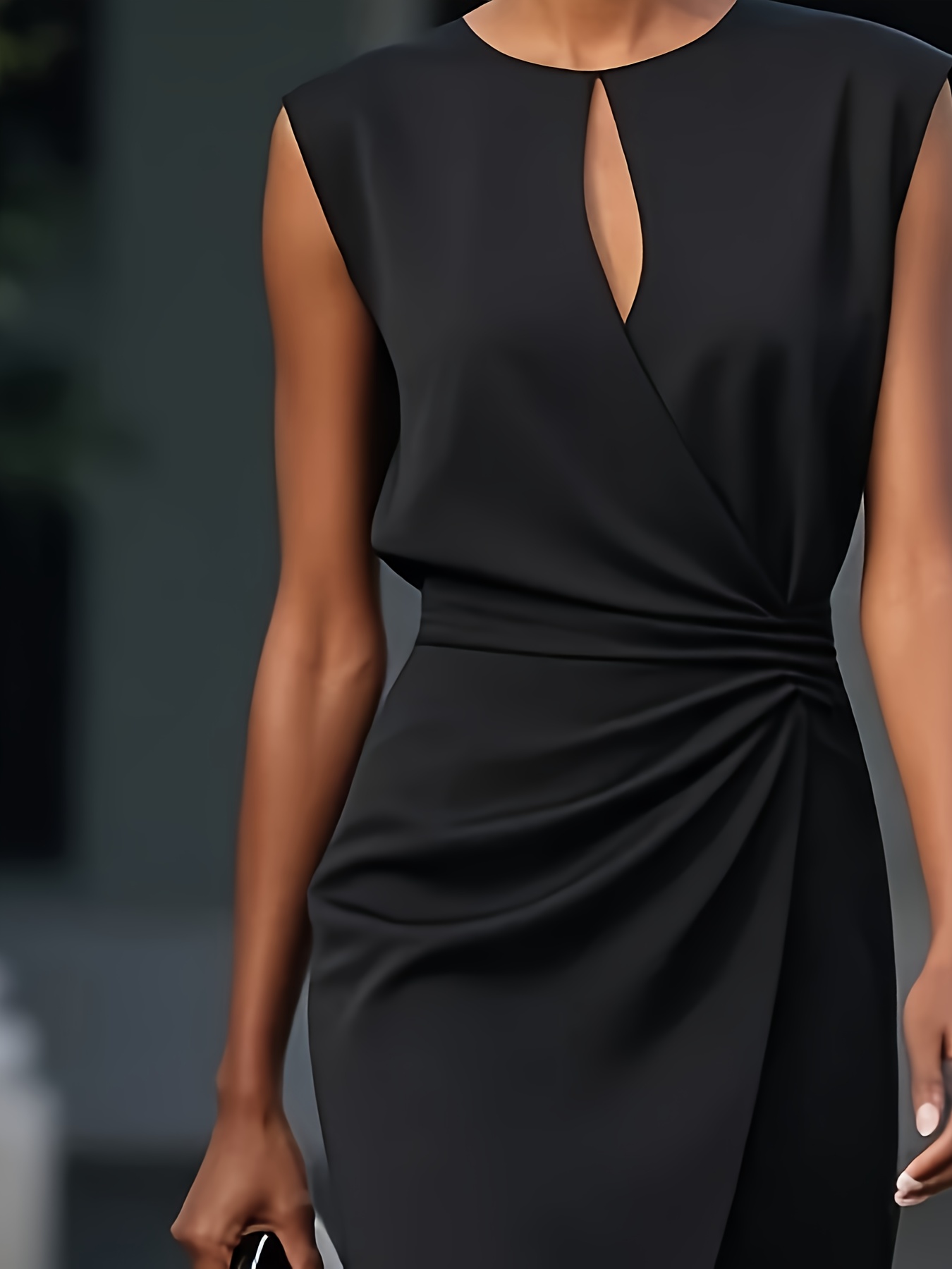Women   Blue Pleated Ruched Sleeve  -Fit  -Length Dress - Round Neck Machine-Washable Elegant Solid Color Spring/Summer Casual to Formal Wear