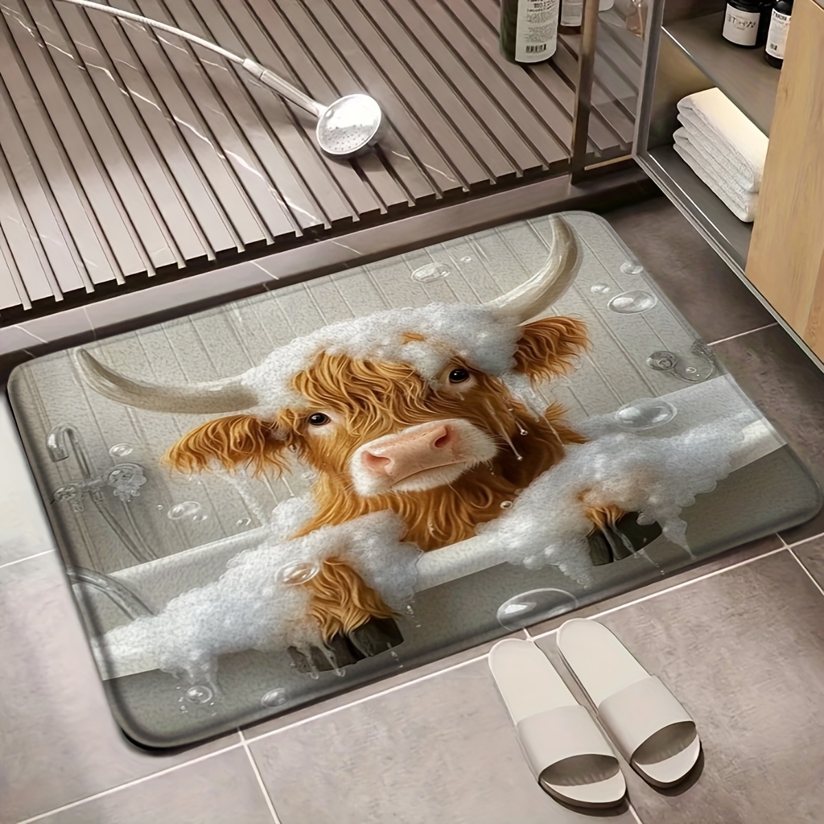 TEMU A Whimsical Highland Cow Design Bath Mat, Perfect For Bathrooms, Showers, Laundry Rooms, Bedrooms, Living Rooms, And Other Spaces, As Well As