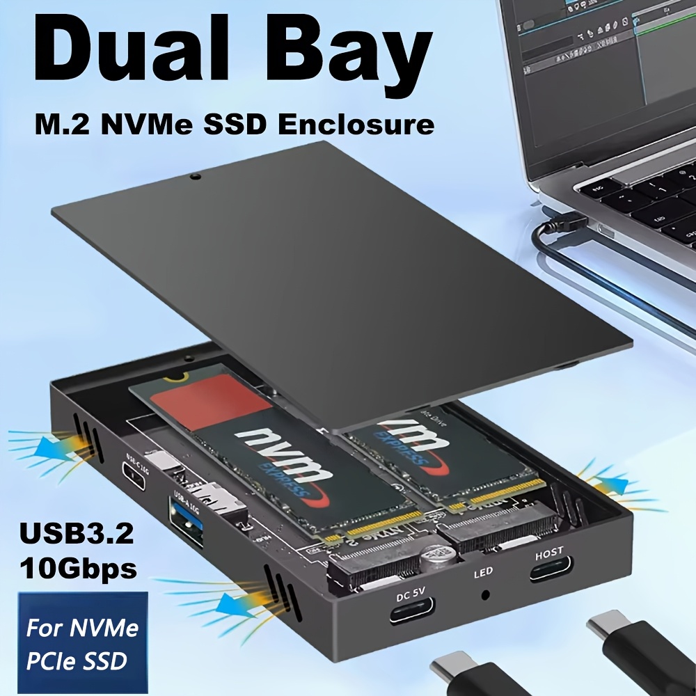 dual bay m 2   enclosure dock usb 3 2   aluminum alloy ssd expansion dock with heat sink usb a usb c ports compatible with m 2 2280 2260 2242 2230 for  s only laptop pc storage upgrade sleek metallic     heat dissipation
