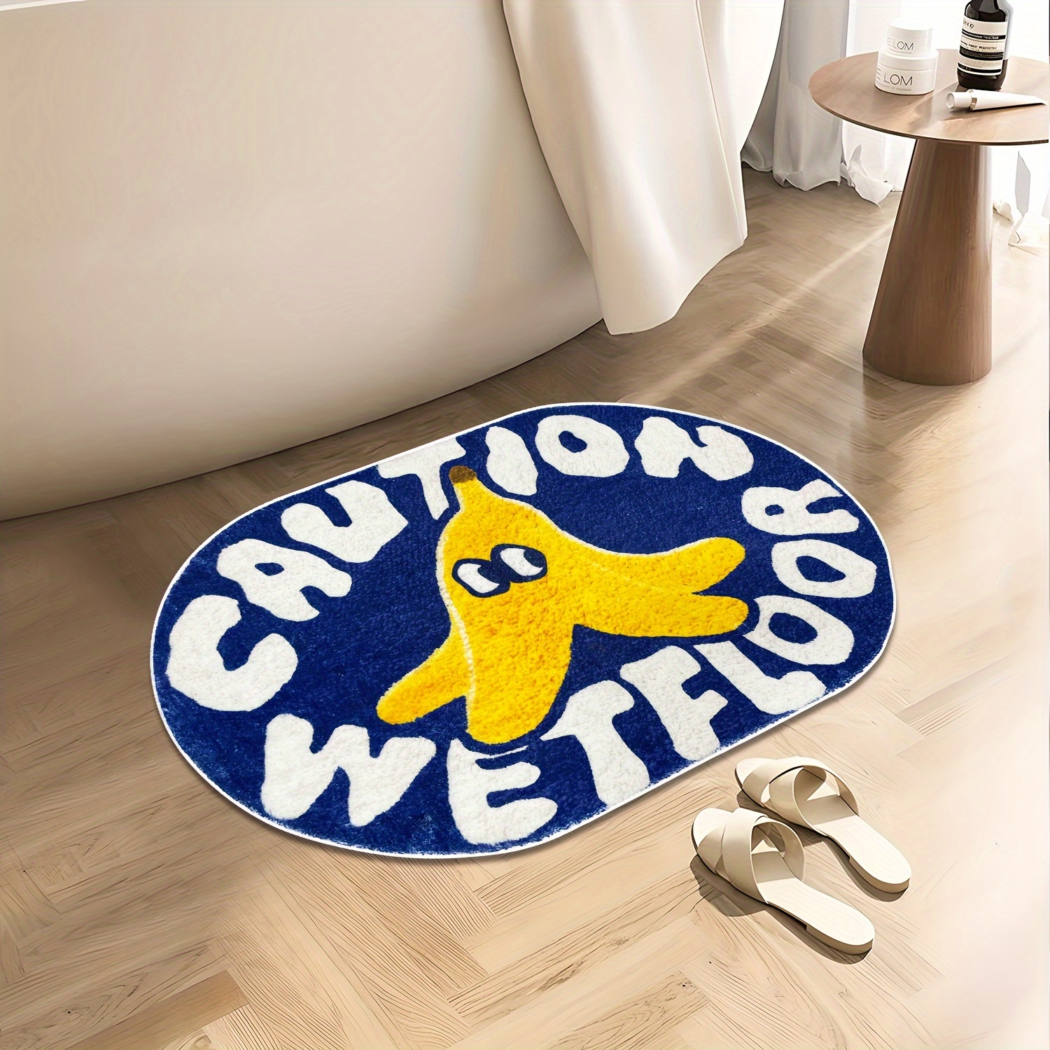 1pc blue cartoon creative caution wet floor carpet soft and comfortable   cashmere material tpr non slip bottom back suitable for bathroom laundry room kitchen washstand creative door mat and other indoor home carpet decoration oval cute   bath rug Product details 4