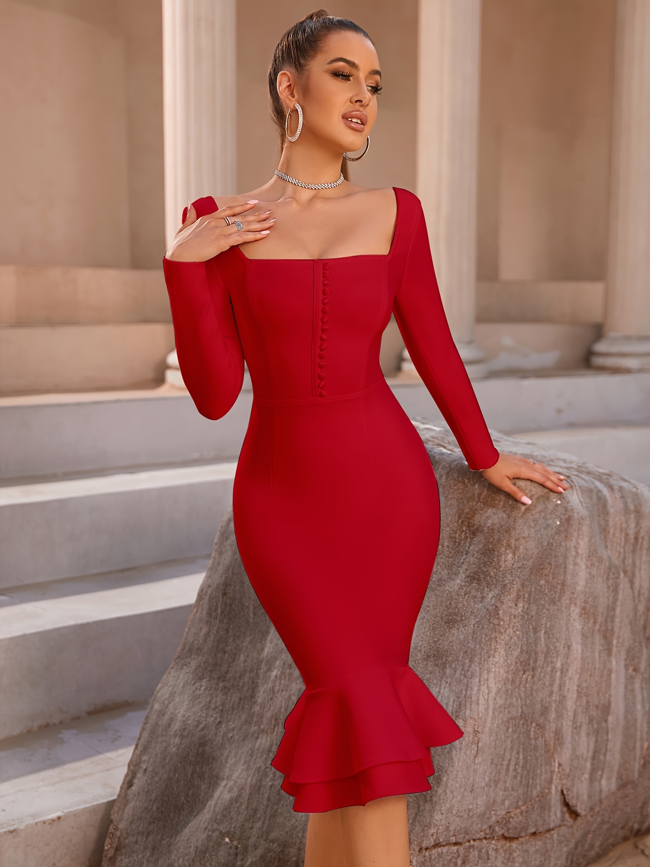 square neck long sleeves fitted party cocktail dress - Temu Germany