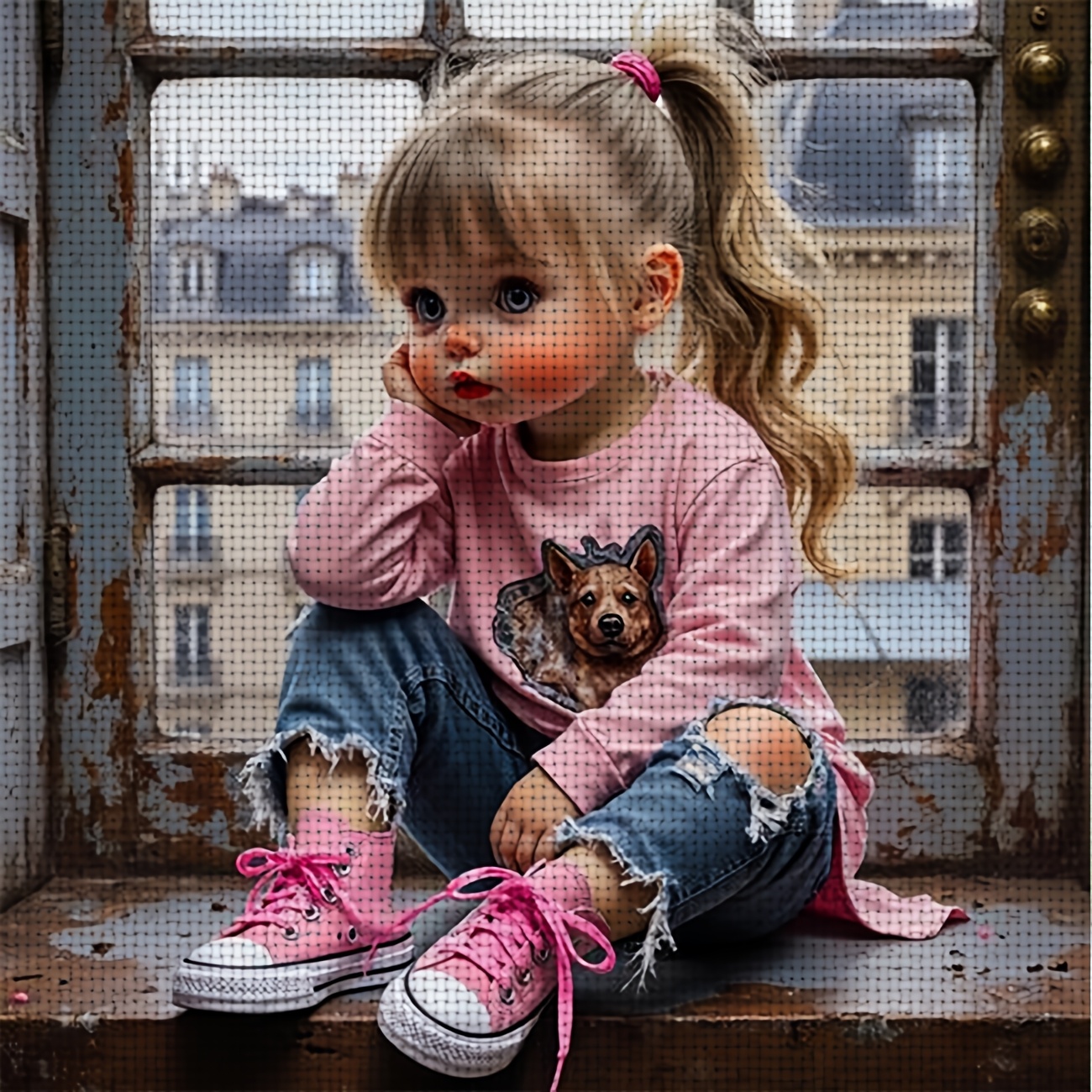 TEMU Kit de point de croix 1pc | Motif "Fille en robe rose assise à ", idéal pour les débutants, une toile imprimée, des aiguilles, un motif et des