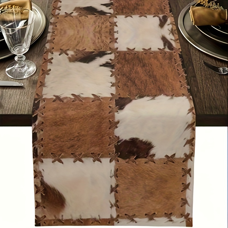 

Vintage Cowhide Leather & Animal Fur Print Table Runner - Polyester, Rectangular, Woven For Indoor/outdoor Dining Decor, Perfect For Parties, Holidays, And Weddings, 13x72 Inches