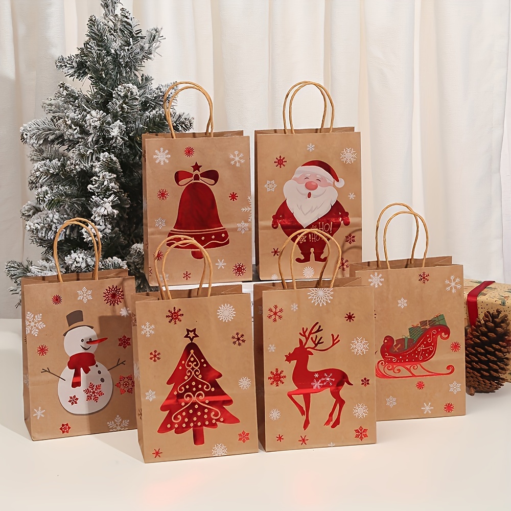 

Set Of 12 Assorted Kraft Paper Christmas Gift Bags With Golden Foil Accents For Holiday Packaging And Decorations