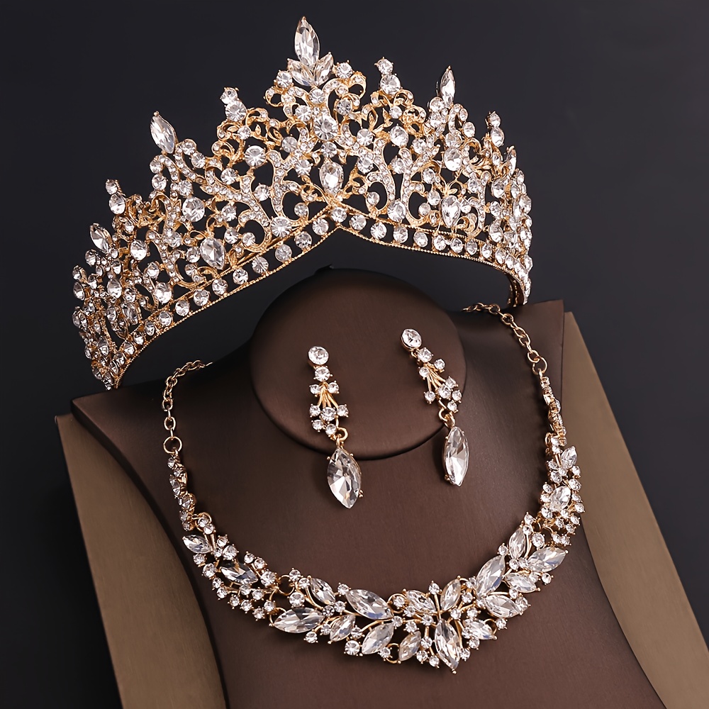 TEMU 3pcs Crown +elegant Necklace Style+exquisite Earrings 3d Flower Carving Wedding, Party, Photography, Banquet Multi Scene Gorgeous Sparkling