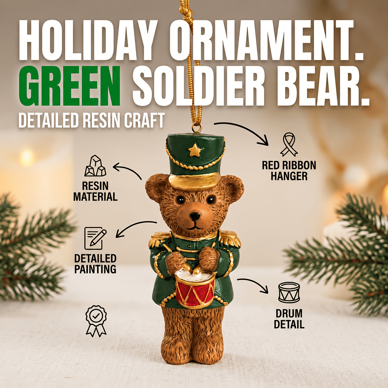 TEMU 1pc Nutcracker Bear Dual-use Collectible Figurines, Vintage Wood-textured Resin British Soldier Ornament Playing Trumpet And Drum, Rustic