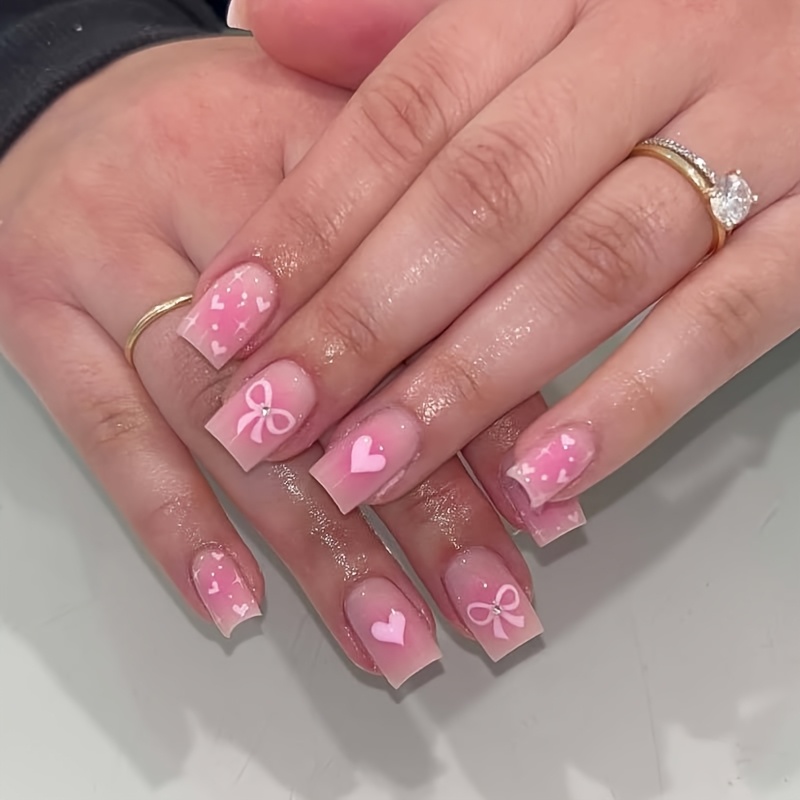 Image of 24pcs Pink Short Elegant Nail Tips Pure Desire Bow Heart-shaped Nail Tips Wearable Nails