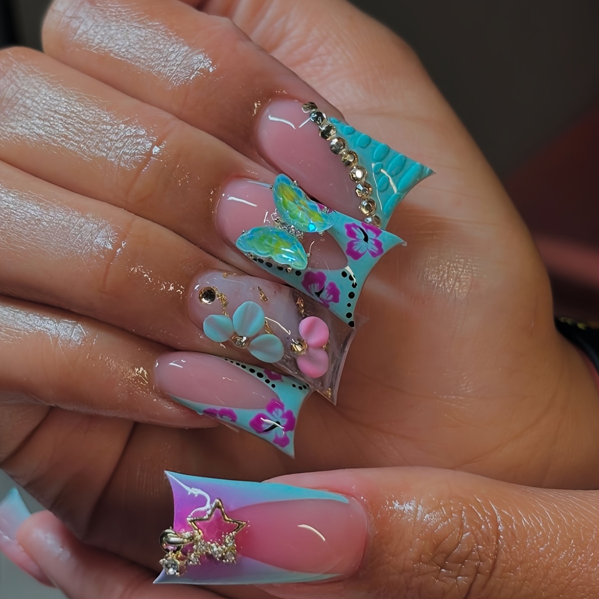 TEMU 24pcs Y2k -on Nails, Mixed , Long Shape, Glitter & Animal Pattern, , 3d & , Star Rhinestones, Gradient Dots, Includes Nail File & Jelly Glue, For Women And Girls