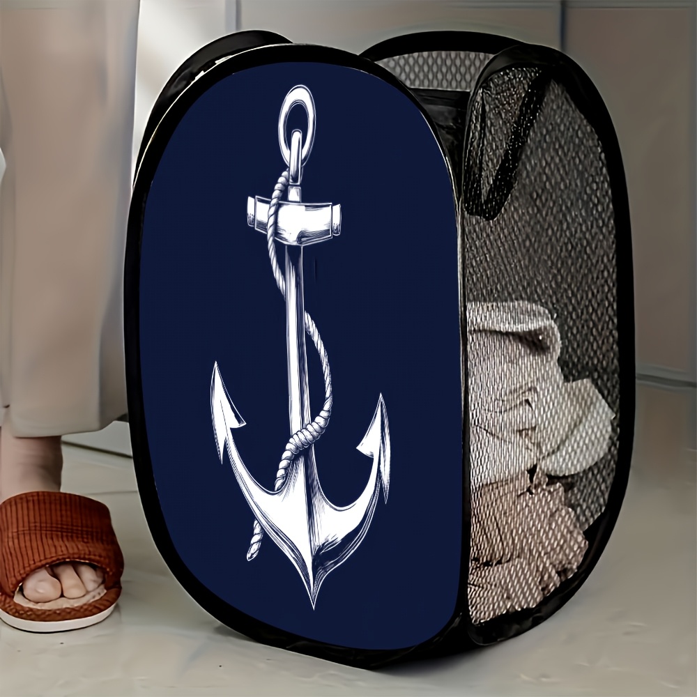 TEMU 1pc Nautical Anchor Pattern Mesh Pop-up Laundry Hamper - Compact Storage Gift For Home Organization