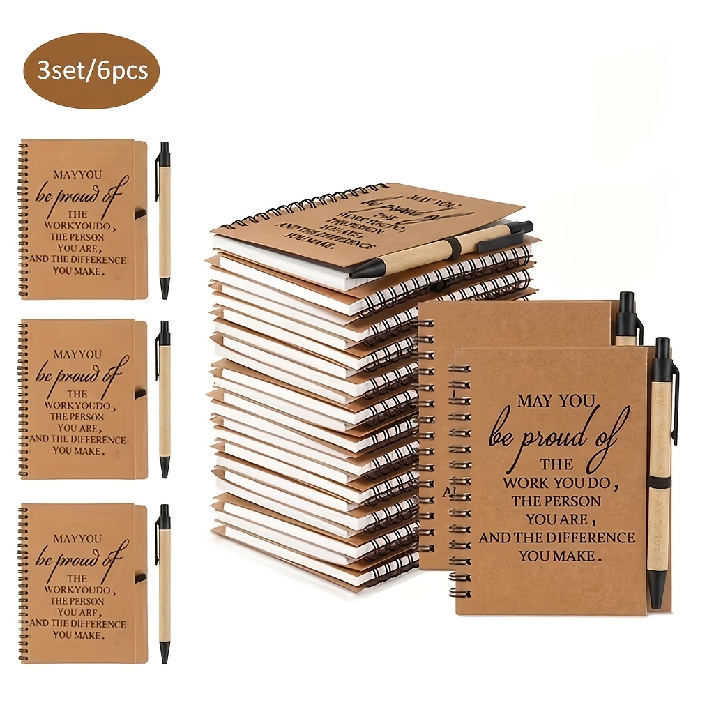 TEMU 6pcs Set Of Inspirational Notebooks And Bamboo Pens - Includes 3pcs Notebooks With Encouraging Messages And 3pcs Pens - Suitable For Office,