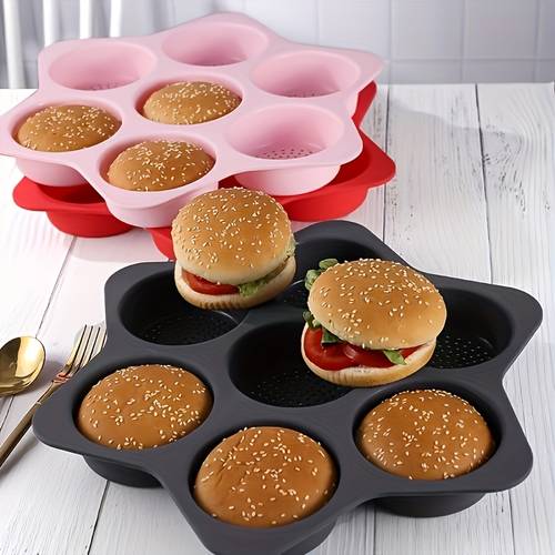 1pc, 7pcs Silicone Burger Mold, Baking Tray, Breathable Hollow Burger Mold, Perforated Silicone Bread Mold