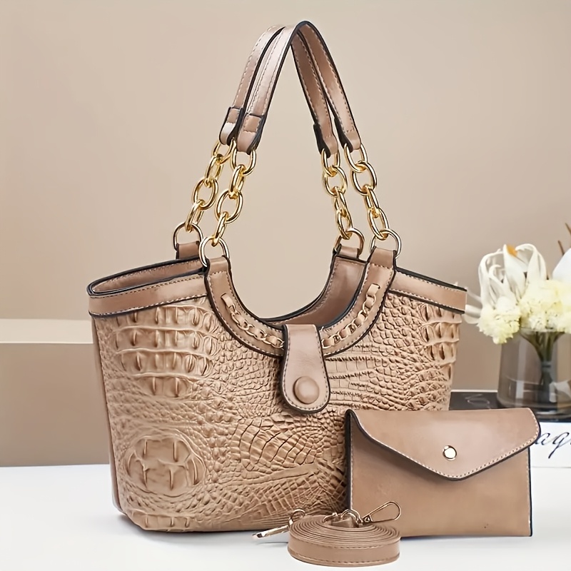 

Women' Style Crocodile Print Tote Bag - Shoulder Strap, Multi-compartment Crossbody Tote With Zipper Closure