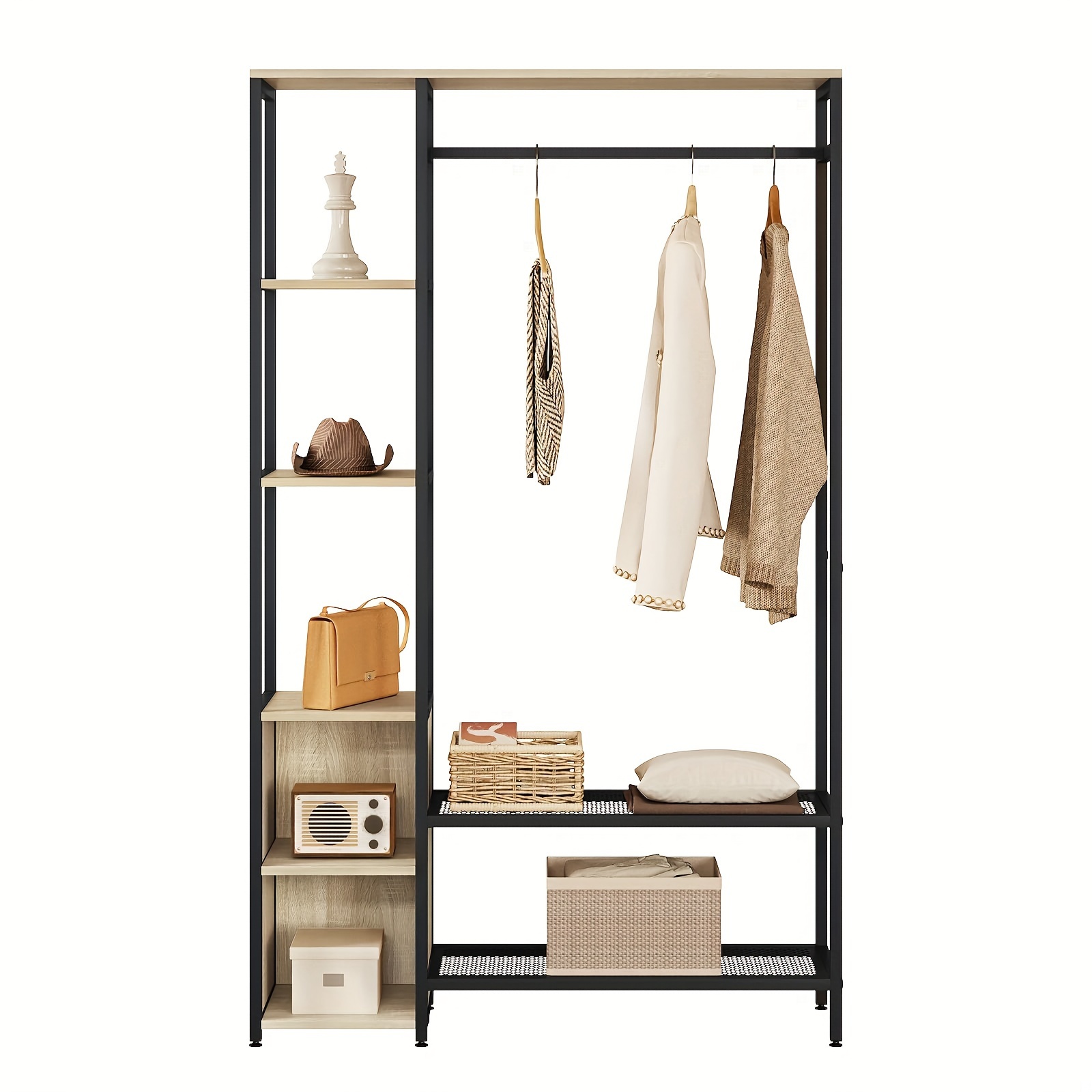 1pc Hanger, Hanger With Hanger, 3 Shelves, 2 Shoe Racks, 2 Compartments, Wardrobe Jacket Rack, Hallway, Sturdy, Metal Wood, Light Oak, Black