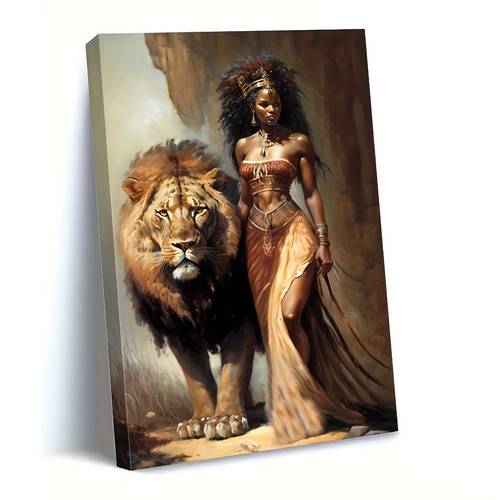 ya mnyama african goddess of animals canvas art print traditional african fantasy wall decor with lion woman in cultural attire vibrant bohemian home decor wrapped canvas on wood frame perfect gift for art lovers cultural home decor bohemian style decor vibrant canvas art 2d flat room decor