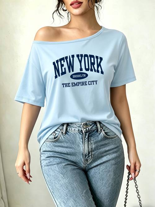 womens fashionable casual versatile minimalist off the shoulder slant shoulder t shirt with creative artistic pattern suitable for machine washable summer short sleeve sporty casual womens apparel