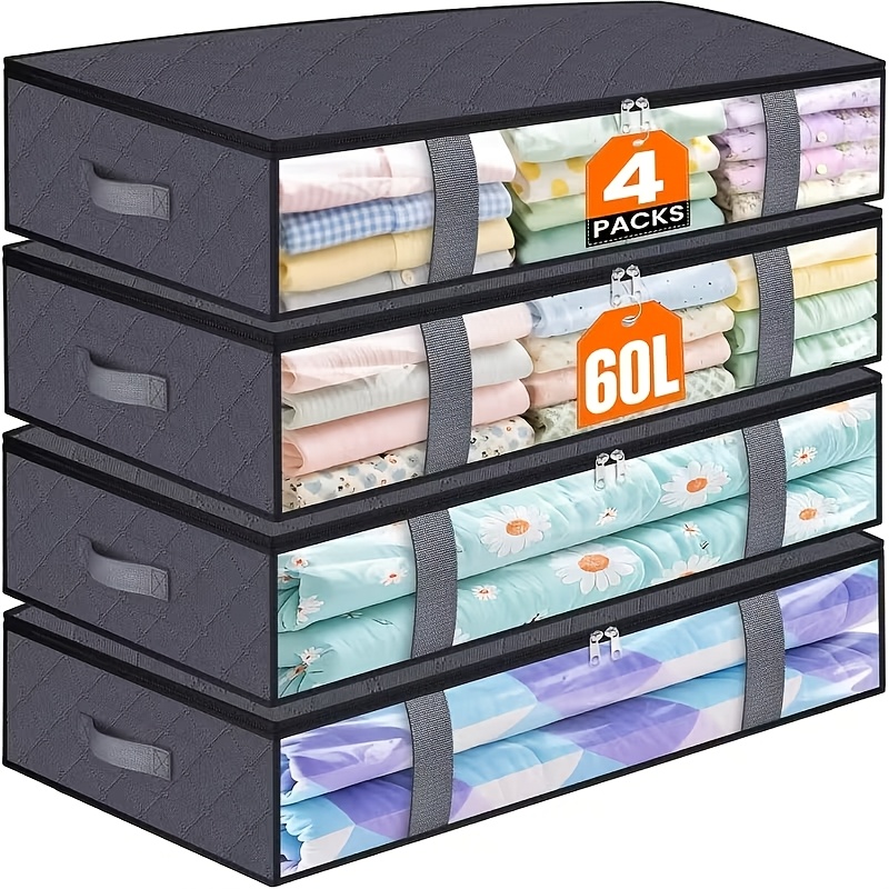 TEMU 4pcs Set Of Underbed Storage Boxes, Duvet Storage Bags, Large Zipper Foldable Storage Bags, Front Transparent, Can Store Shoes, Clothes, And