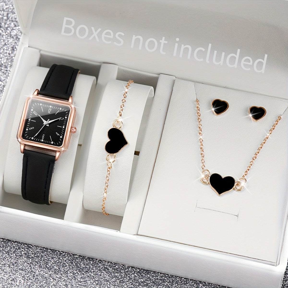

5pcs/set Women's Casual Square Quartz Watch Analog Pu Leather Wrist Watch & Heart Jewelry Set, Valentine's Day Gift For Her