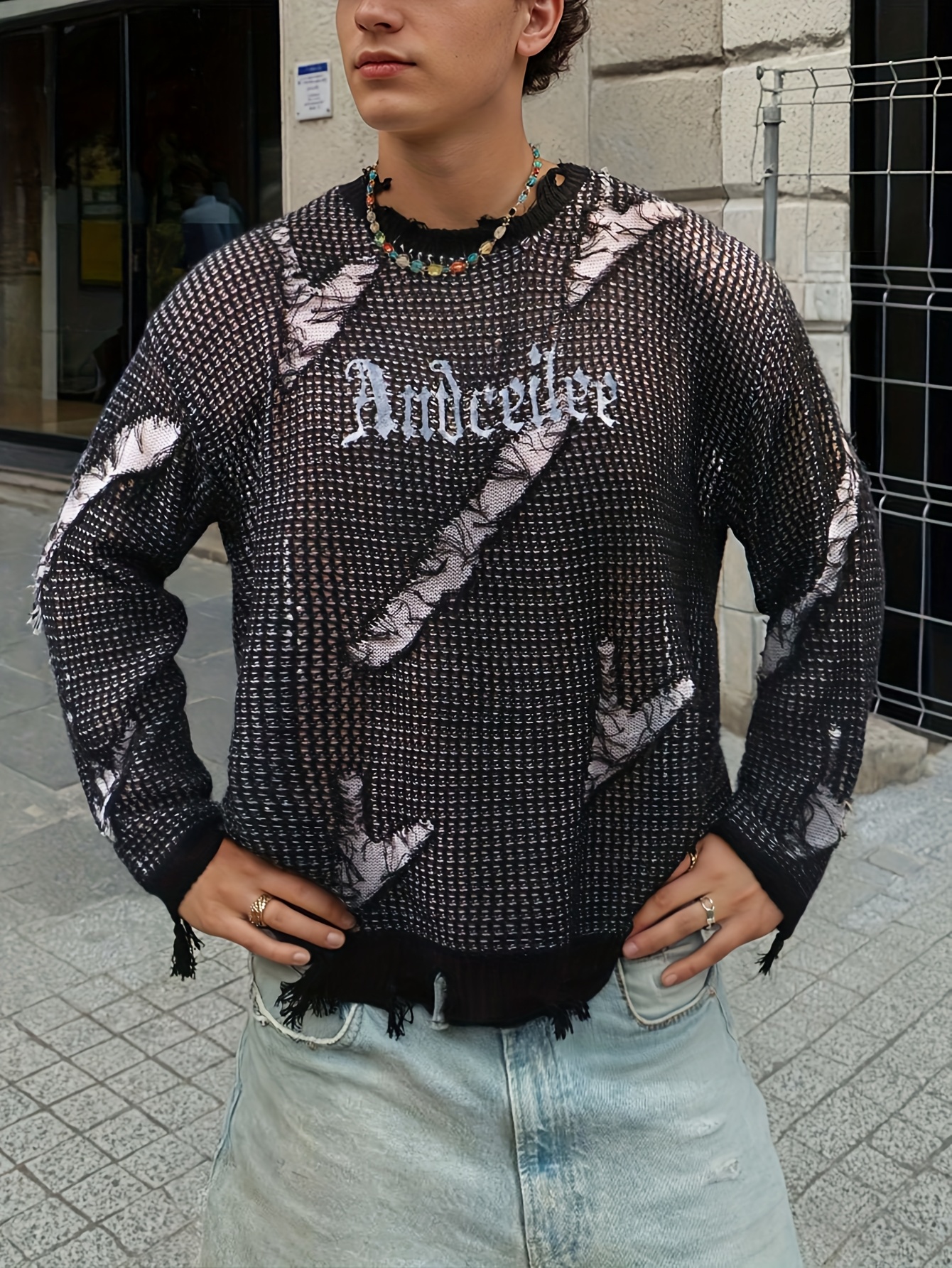 Streetwear Printed Sweaters Men's Streetwear Distressed Knit