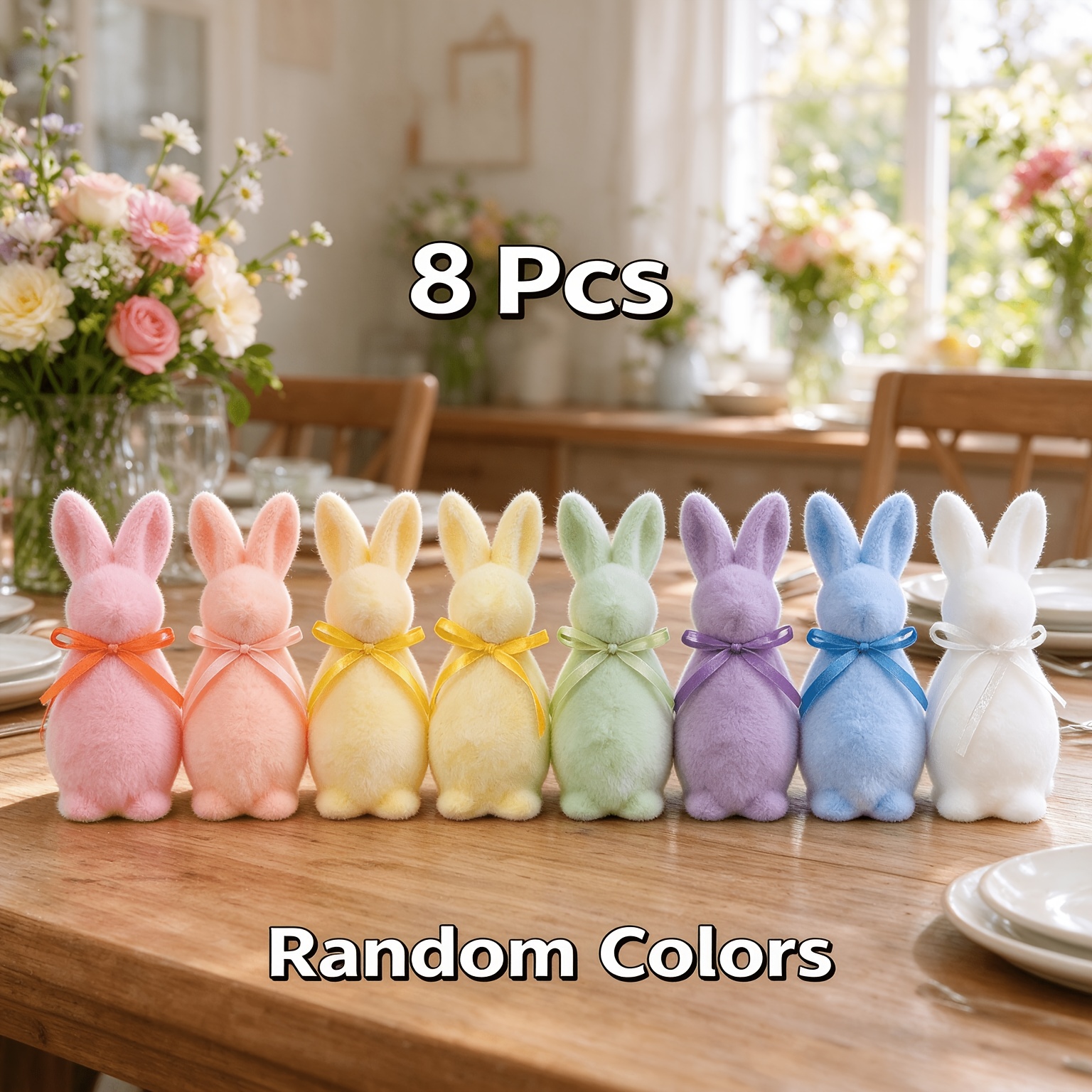 Image of 8pcs Flocked Rabbits, Premium Rabbit Desktop Decorative Ornaments, Small Decorative Pieces For Home Holiday Atmosphere, Suitable For Outdoor And Office Display, Colors Random I Halloween I Navidad