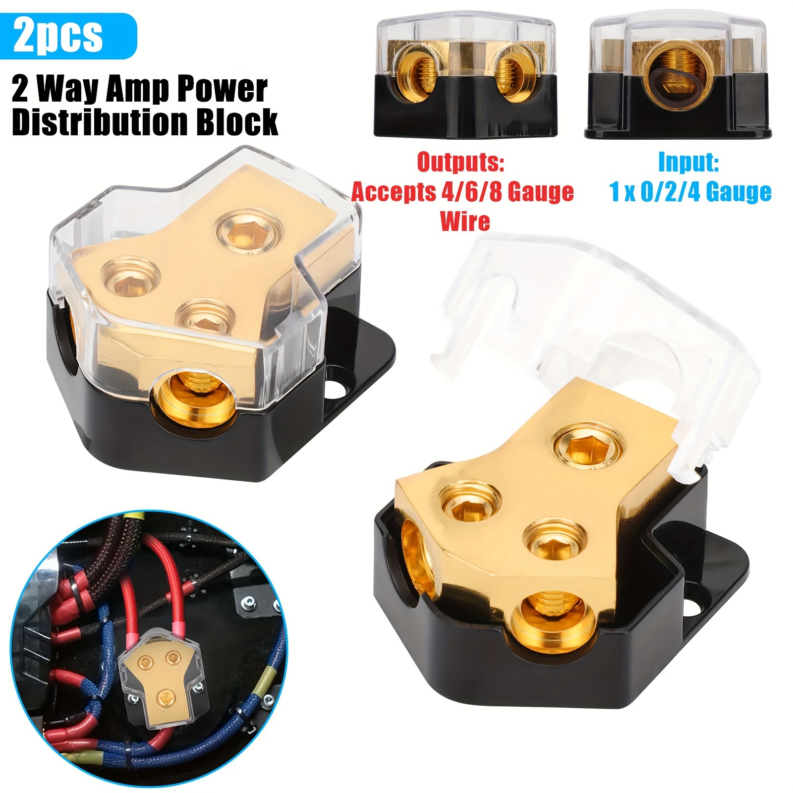 TEMU 2pcs 2way Distribution Block, Car Audio Ground Distribution Connectors, 1x0/2/ Input To 2x4/6/8 Gauge Output
