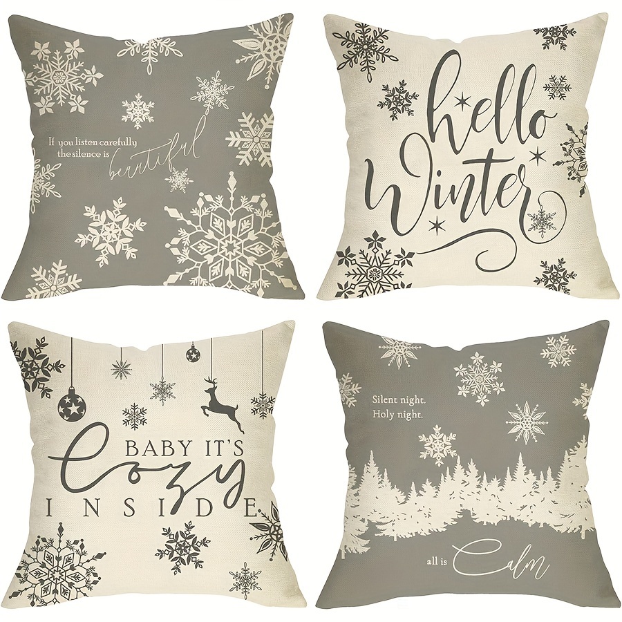 E-shop 1 Stück, „Hello Winter“ grau-weißer dekorativer Kissenbezug, gemütliche Weihnachts-Schneeflocken- im Inneren,