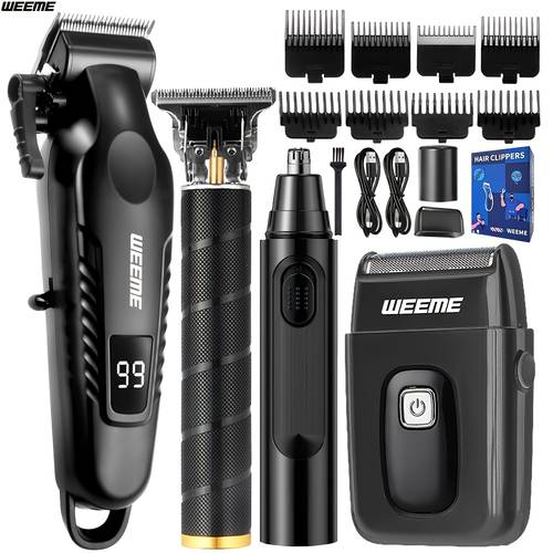 WEEME 4pcs Men's Grooming Kit - Professional USB Rechargeable Hair Clipper Set, HareClipper+Nose Trimmer+Electric Shaver+T9Detail Trimmer, Supports USB Charging, Includes 8Limit Combs, Perfect for Father Day Gift