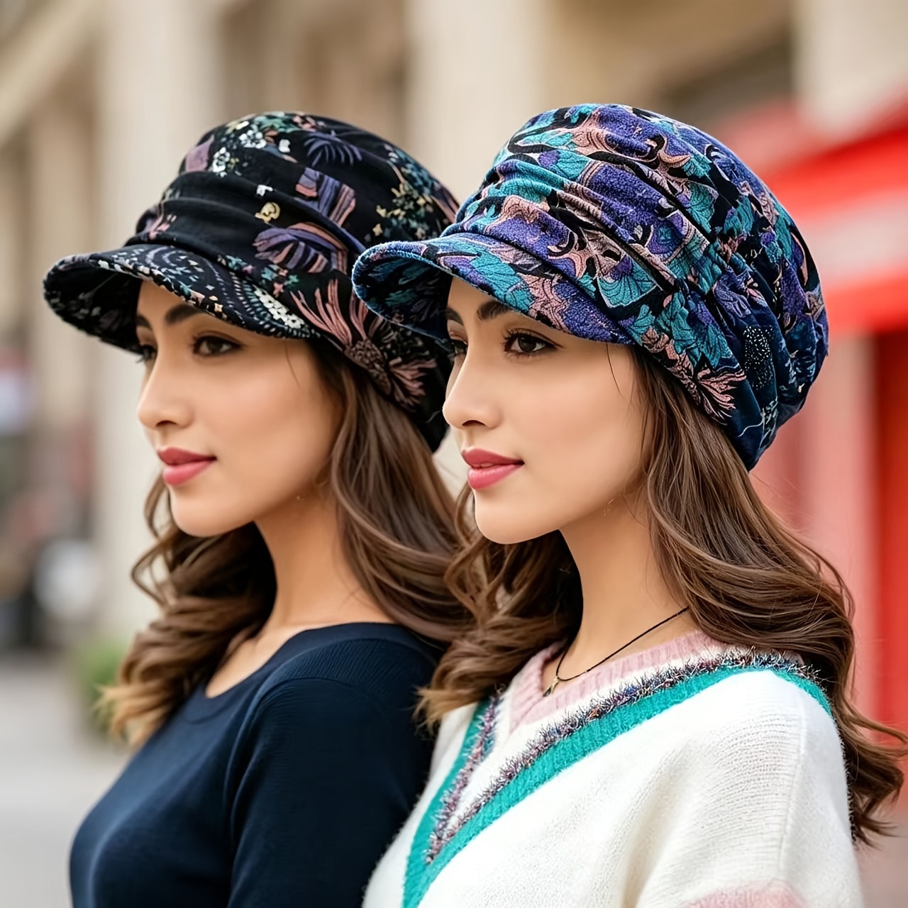 TEMU 2pcs Plush Brim Women's Hat With Scattered Floral Print, Duckbill Cap For Middle-aged And Elderly